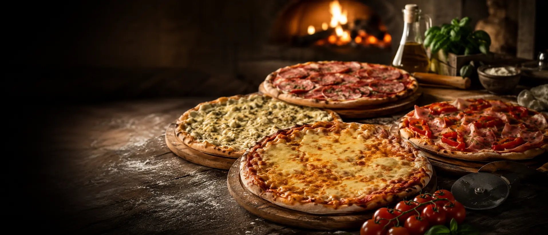 Pizzas gourmet recién horneadas con ingredientes premium